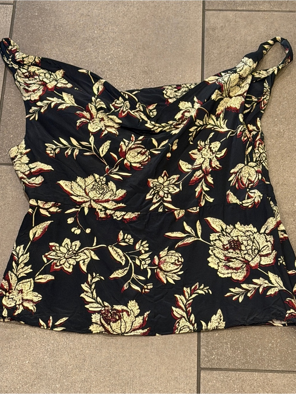 J. Crew Size 6 Black Floral Cowl Neck Camisole with Maroon, Tan Gold Accents - Picture 6 of 11